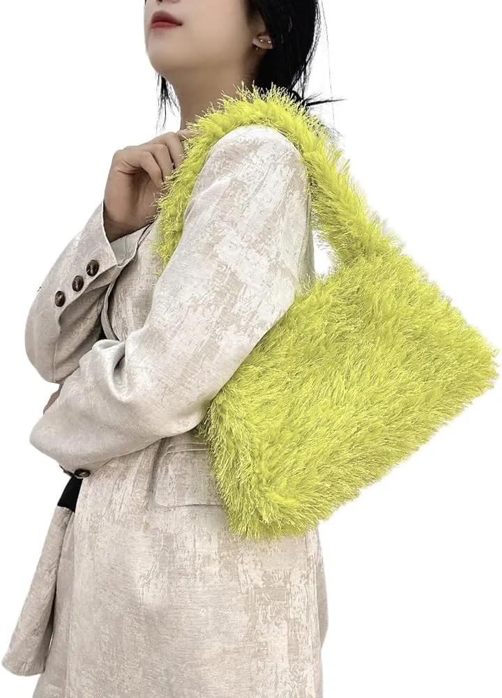 Fuzzy Tote Bag Y2K Fluffy Shoulder Bag Women Furry Purse Cute Plush Bag Ladies Faux Fur Tote Bag for Autumn Winter, Grass Green