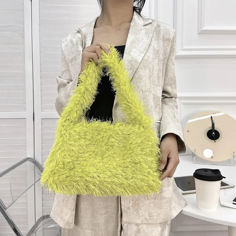 Fuzzy Tote Bag Y2K Fluffy Shoulder Bag Women Furry Purse Cute Plush Bag Ladies Faux Fur Tote Bag for Autumn Winter, Grass Green
