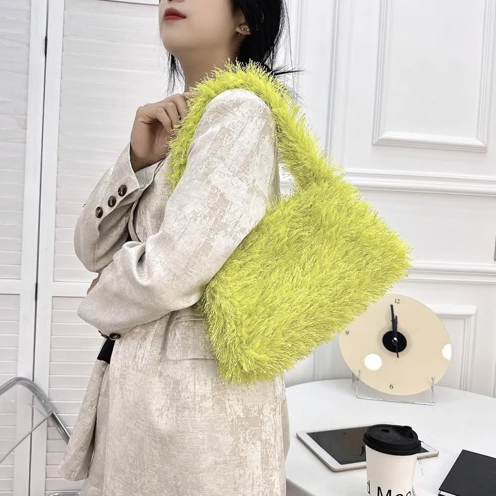 Fuzzy Tote Bag Y2K Fluffy Shoulder Bag Women Furry Purse Cute Plush Bag Ladies Faux Fur Tote Bag for Autumn Winter, Grass Green