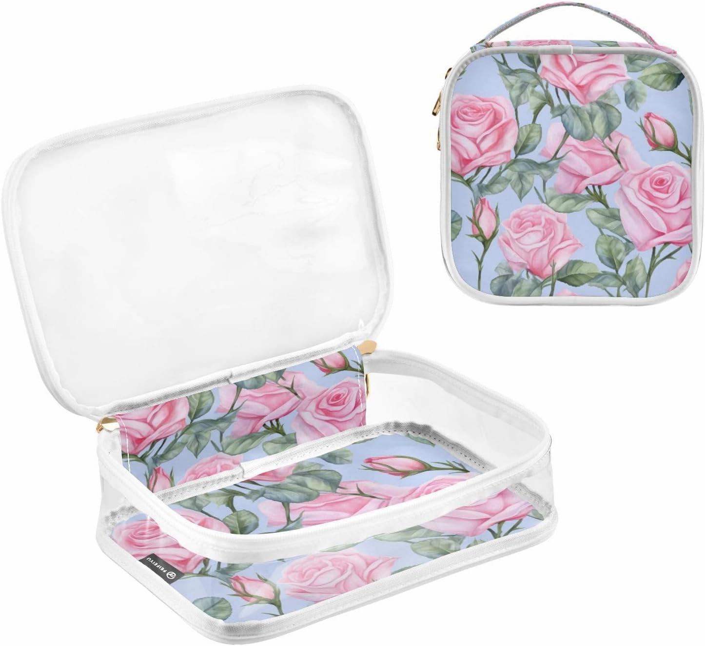 GAIGEO Pink Rose Art for Blue Clear Cosmetic Bag Set, Cosmetic Bags with Zipper, Cosmetic Travel Accessories, 2 Pack