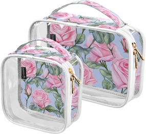 GAIGEO Pink Rose Art for Blue Clear Cosmetic Bag Set, Cosmetic Bags with Zipper, Cosmetic Travel Accessories, 2 Pack