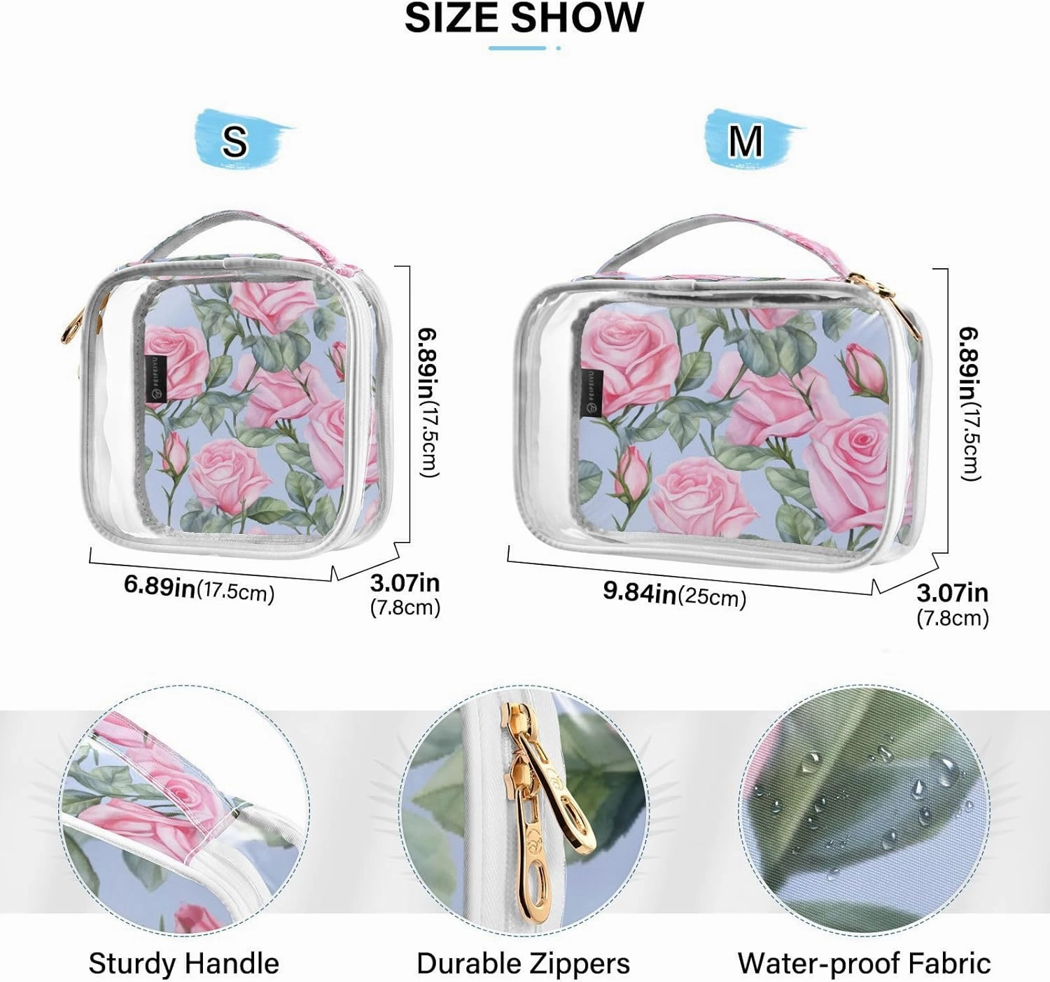 GAIGEO Pink Rose Art for Blue Clear Cosmetic Bag Set, Cosmetic Bags with Zipper, Cosmetic Travel Accessories, 2 Pack