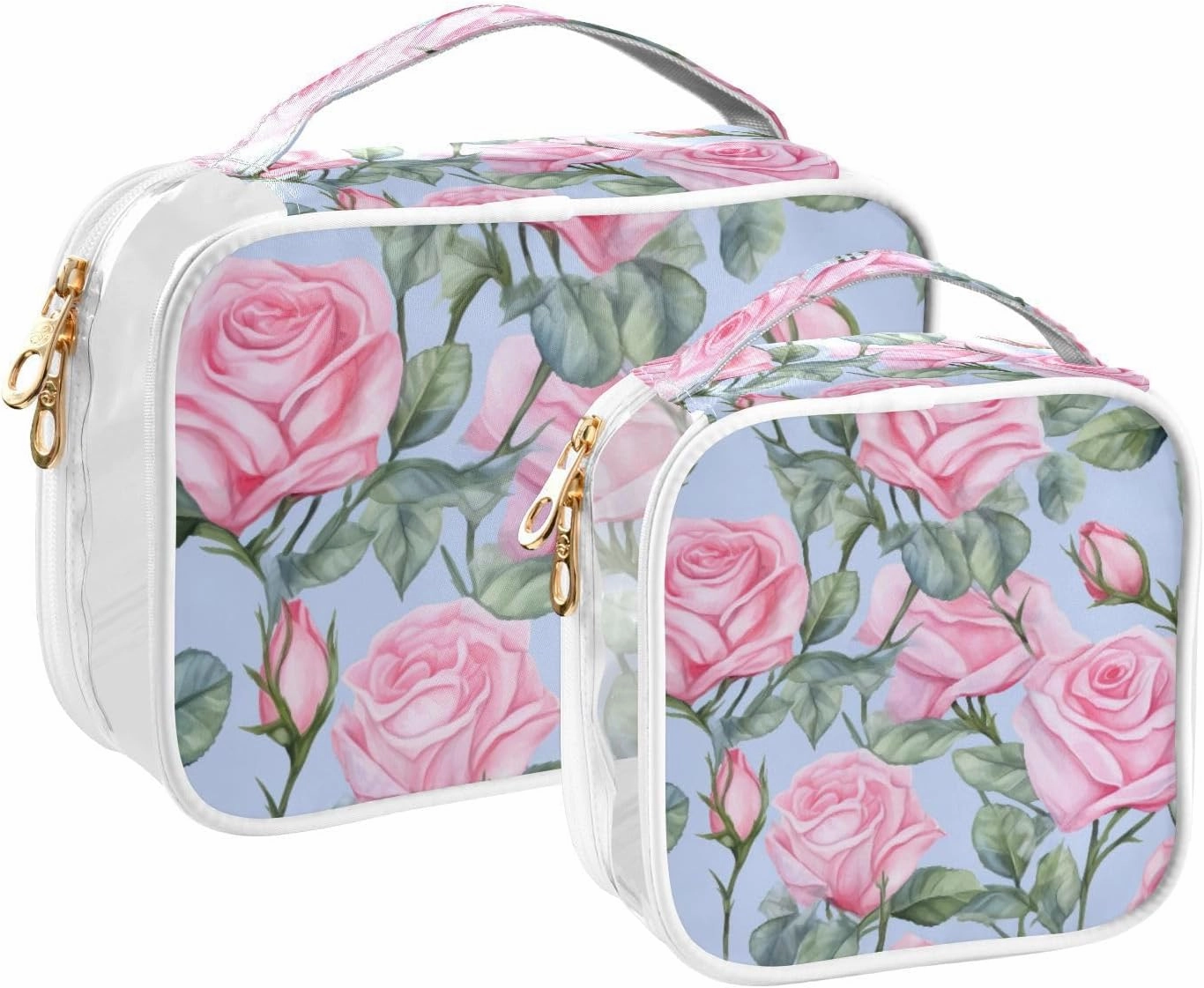 GAIGEO Pink Rose Art for Blue Clear Cosmetic Bag Set, Cosmetic Bags with Zipper, Cosmetic Travel Accessories, 2 Pack