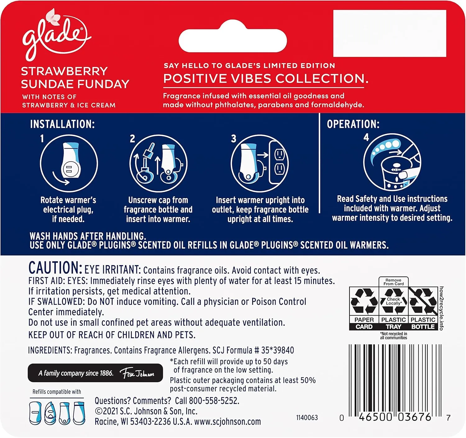 Glade PlugIns Refills Air Freshener, Scented and Essential Oils for Home and Bathroom, Strawberry Sundae Funday, 3.35 Fl Oz, 5 Count