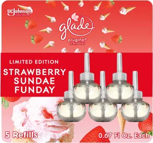 Glade PlugIns Refills Air Freshener, Scented and Essential Oils for Home and Bathroom, Strawberry Sundae Funday, 3.35 Fl Oz, 5 Count