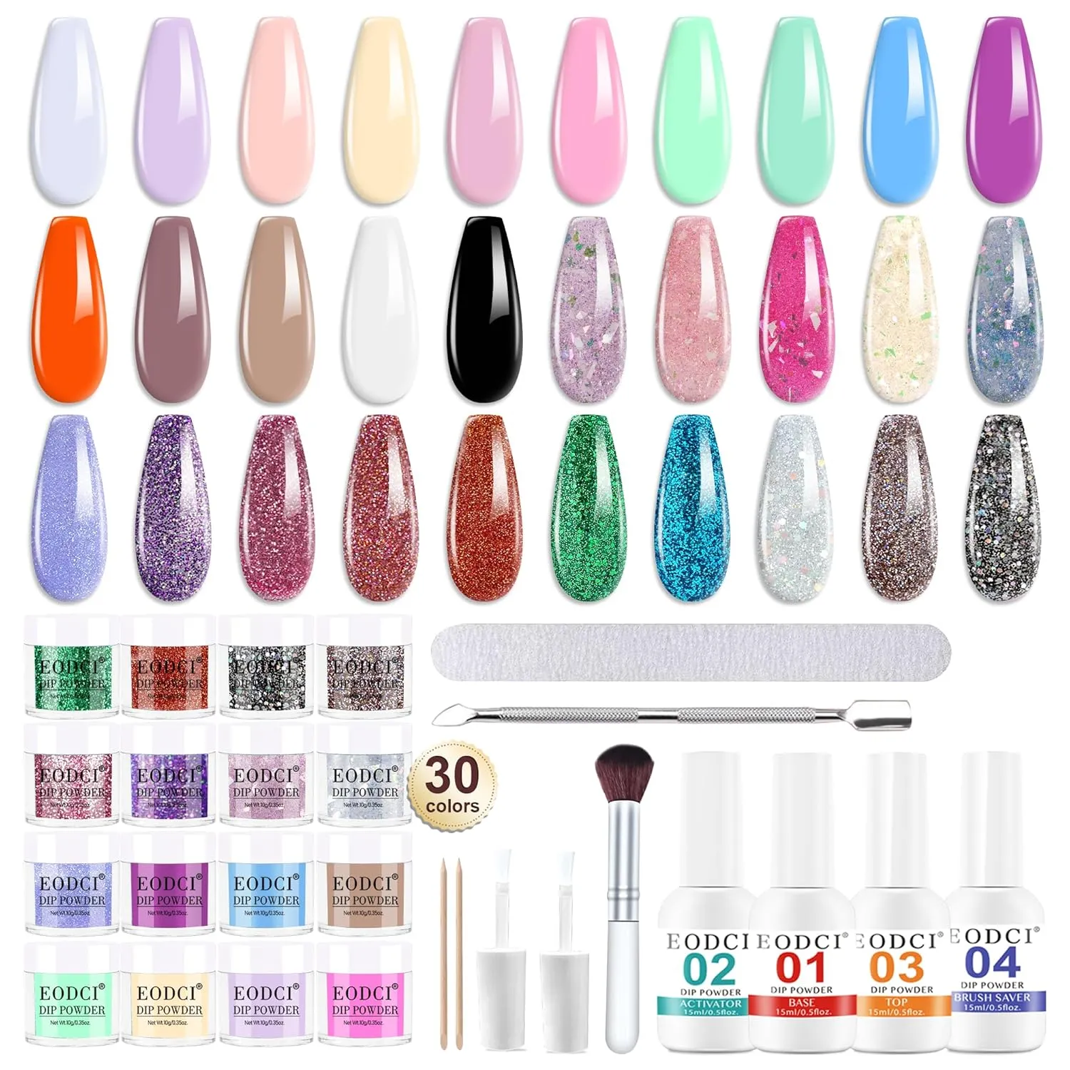 Glitter Dip Powder Nail Kit, 30 Colors Dip Nails Bright Color Glitter Pink Purple Acrylic Dipping Powder Liquid Set with Base/Top Coat Activator Brush Saver for Manicure DIY Gift