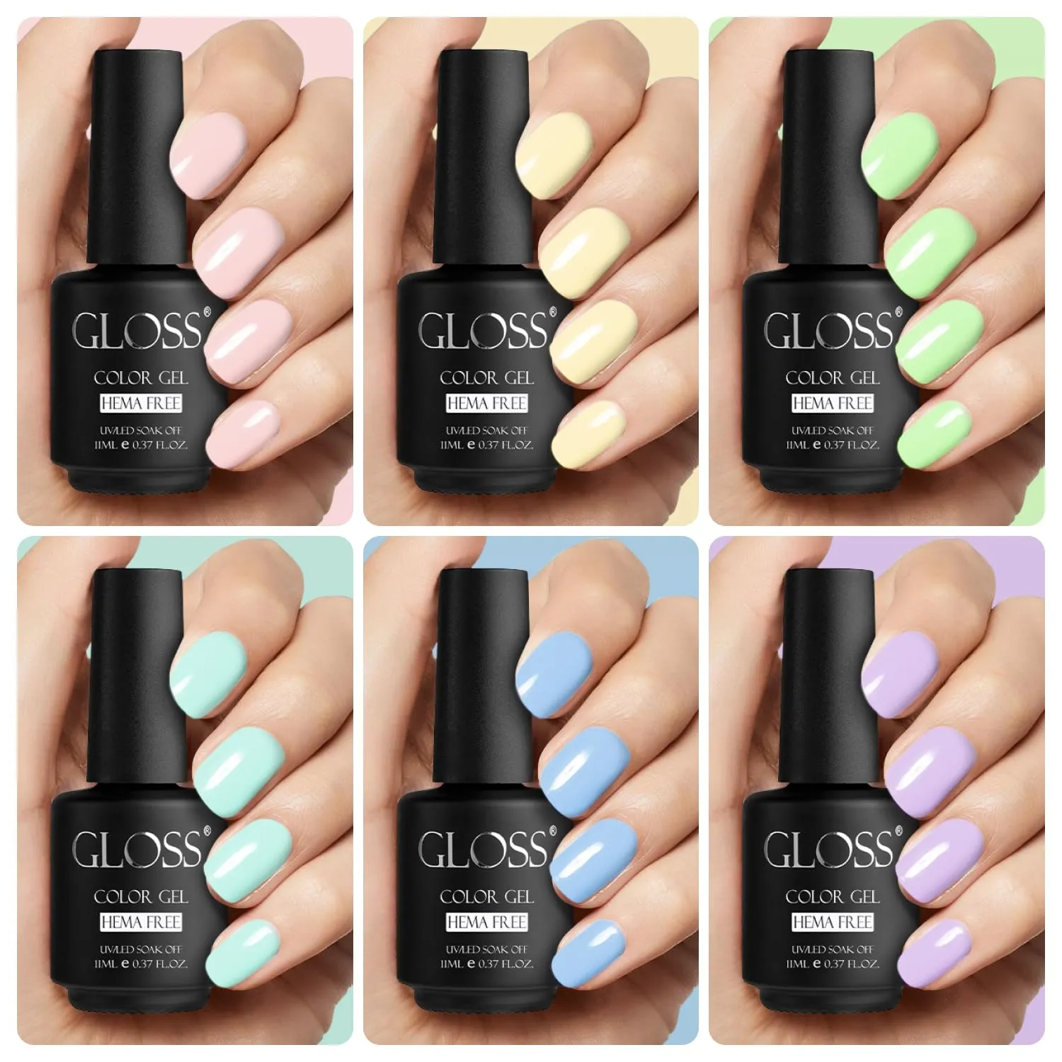 GLOSS HEMA Free Gel Polish Set | 6 Pcs Pastel Gel Nail Polish with Beige, Light Purple, Cream, Light Green, Mint & Baby Blue Colors, Soak Off UV LED Gel Polish, Nail Art Gel, DIY Nail Gifts for Girls