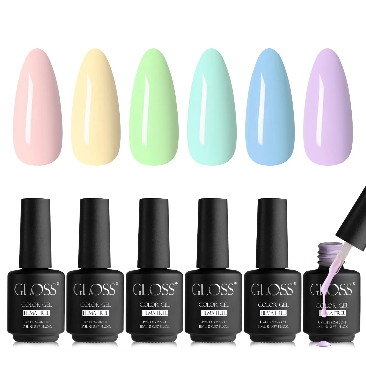 GLOSS HEMA Free Gel Polish Set | 6 Pcs Pastel Gel Nail Polish with Beige, Light Purple, Cream, Light Green, Mint & Baby Blue Colors, Soak Off UV LED Gel Polish, Nail Art Gel, DIY Nail Gifts for Girls