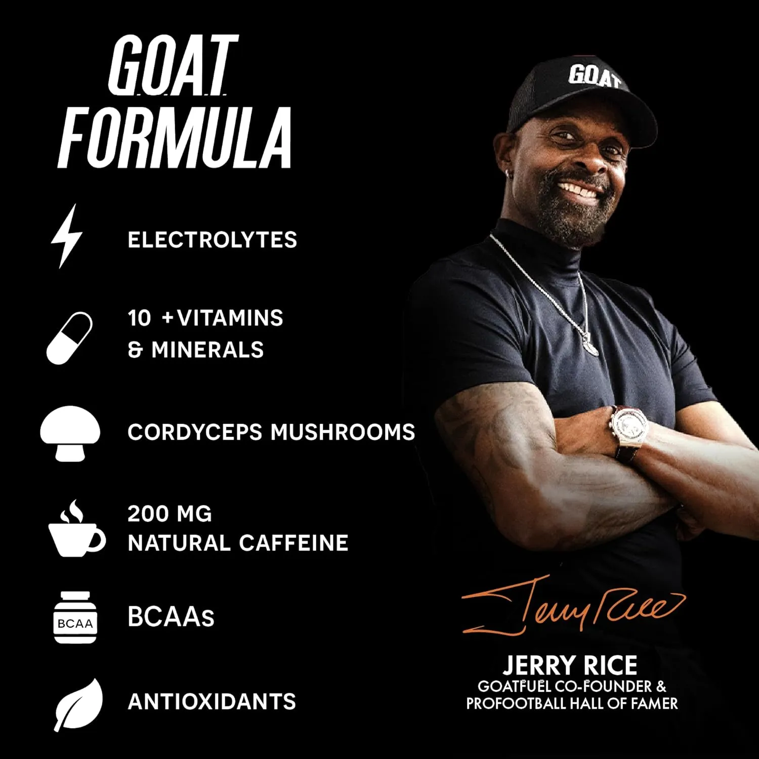G.O.A.T. Fuel Energy Drink, Co-Founded by Jerry Rice, Natural Caffeine, Electrolytes, BCAAs, Cordyceps Mushrooms & Antioxidants, Light Carbonation Pre Workout, 12 Pack, 12 FL Oz, Gummy Bear