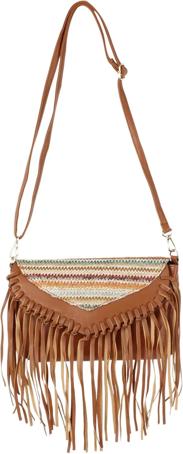 Goclothod Women Hippie Fringe Tassel Suede Hobo Shoulder Bag Vintage Messenger Crossbody Handbag