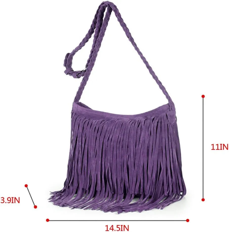 Goclothod Women Hippie Fringe Tassel Suede Hobo Shoulder Bag Vintage Messenger Crossbody Handbag