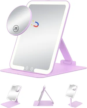 Gospire Travel Makeup Mirror with Lights and Magnification 10X, Portable Make Up Compact Tabletop Cosmetic with Adjustable Stand, 3 Colored Light Rechargeable LED Vanity Mirror - Purple