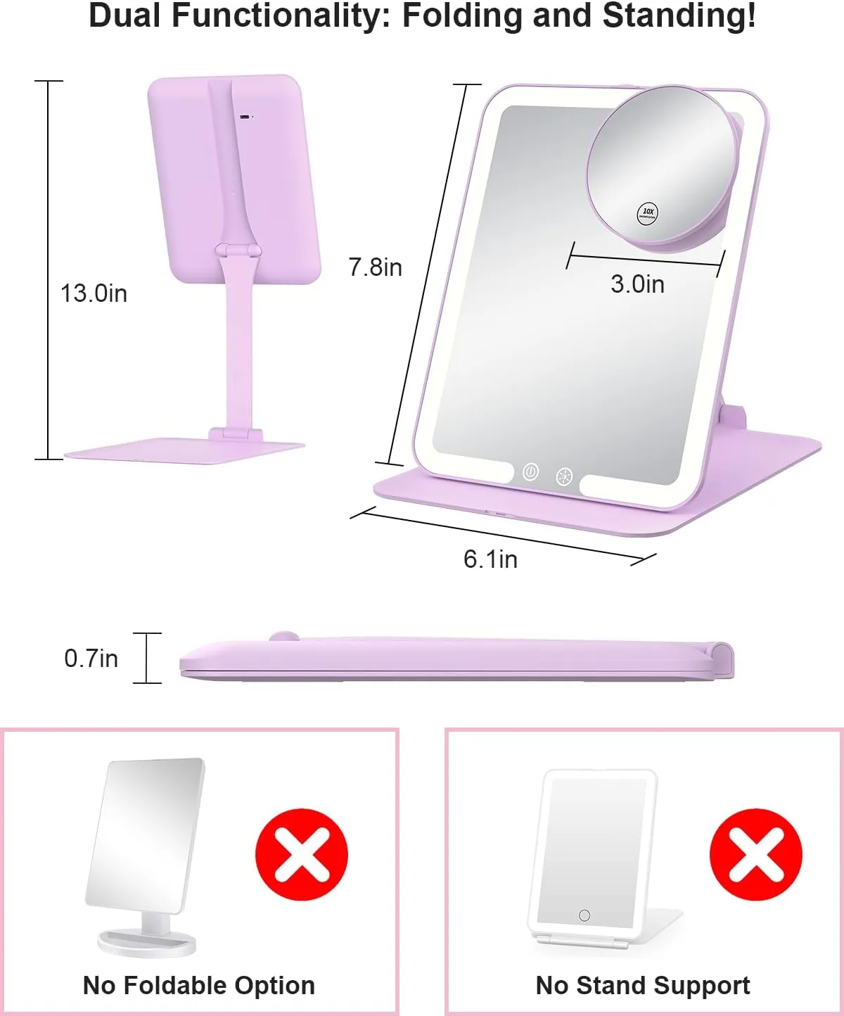 Gospire Travel Makeup Mirror with Lights and Magnification 10X, Portable Make Up Compact Tabletop Cosmetic with Adjustable Stand, 3 Colored Light Rechargeable LED Vanity Mirror - Purple