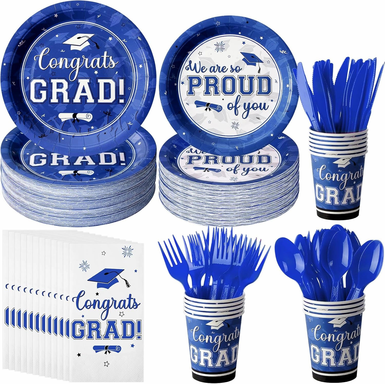 Graduation Party Supplies Congrats Grad Plates and Napkins Set Disposable Tableware Paper Plates Napkins Cups Knives Spoons Forks Straws for Class of 2025 Graduation Party Decorations Serve 100 (Blue)