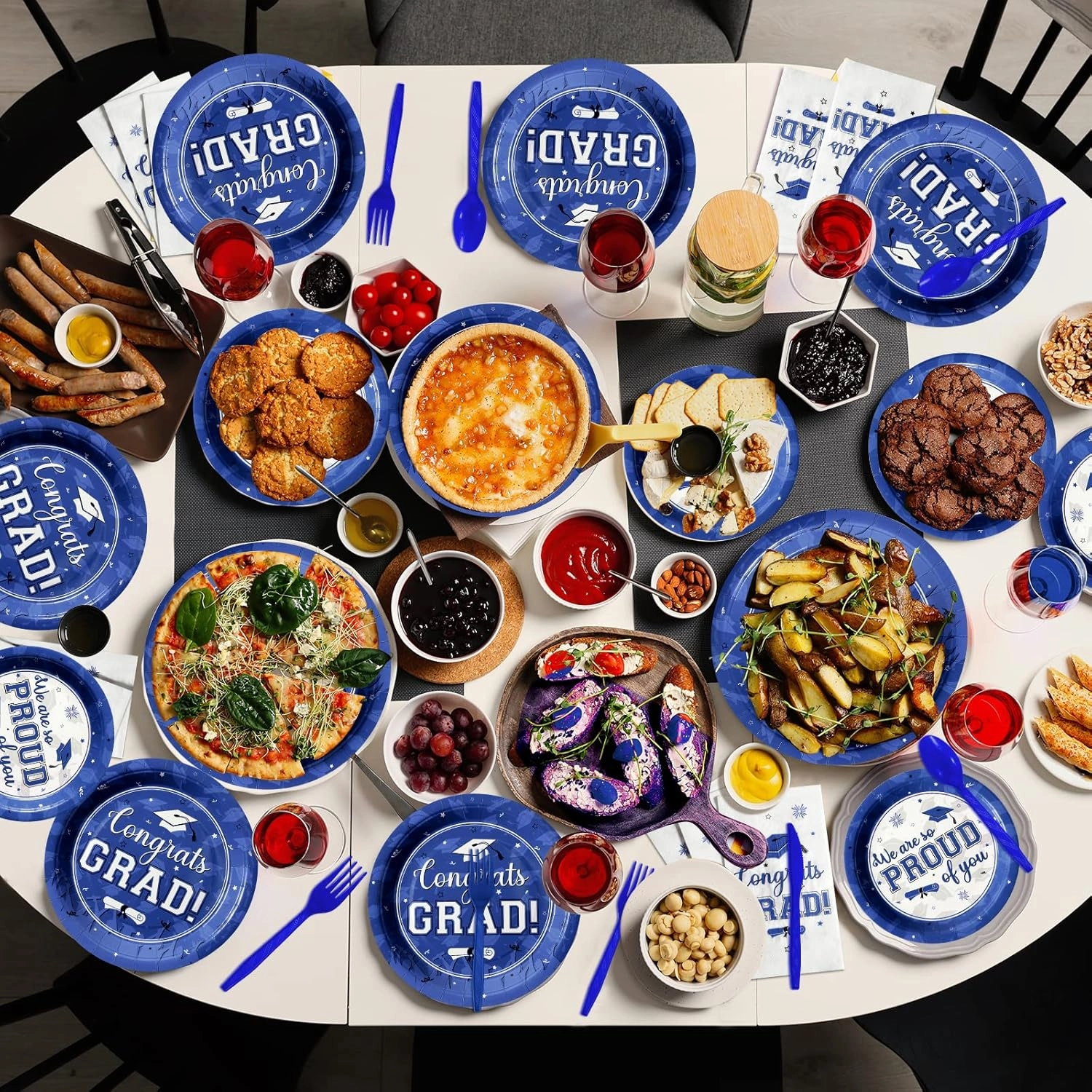 Graduation Party Supplies Congrats Grad Plates and Napkins Set Disposable Tableware Paper Plates Napkins Cups Knives Spoons Forks Straws for Class of 2025 Graduation Party Decorations Serve 100 (Blue)