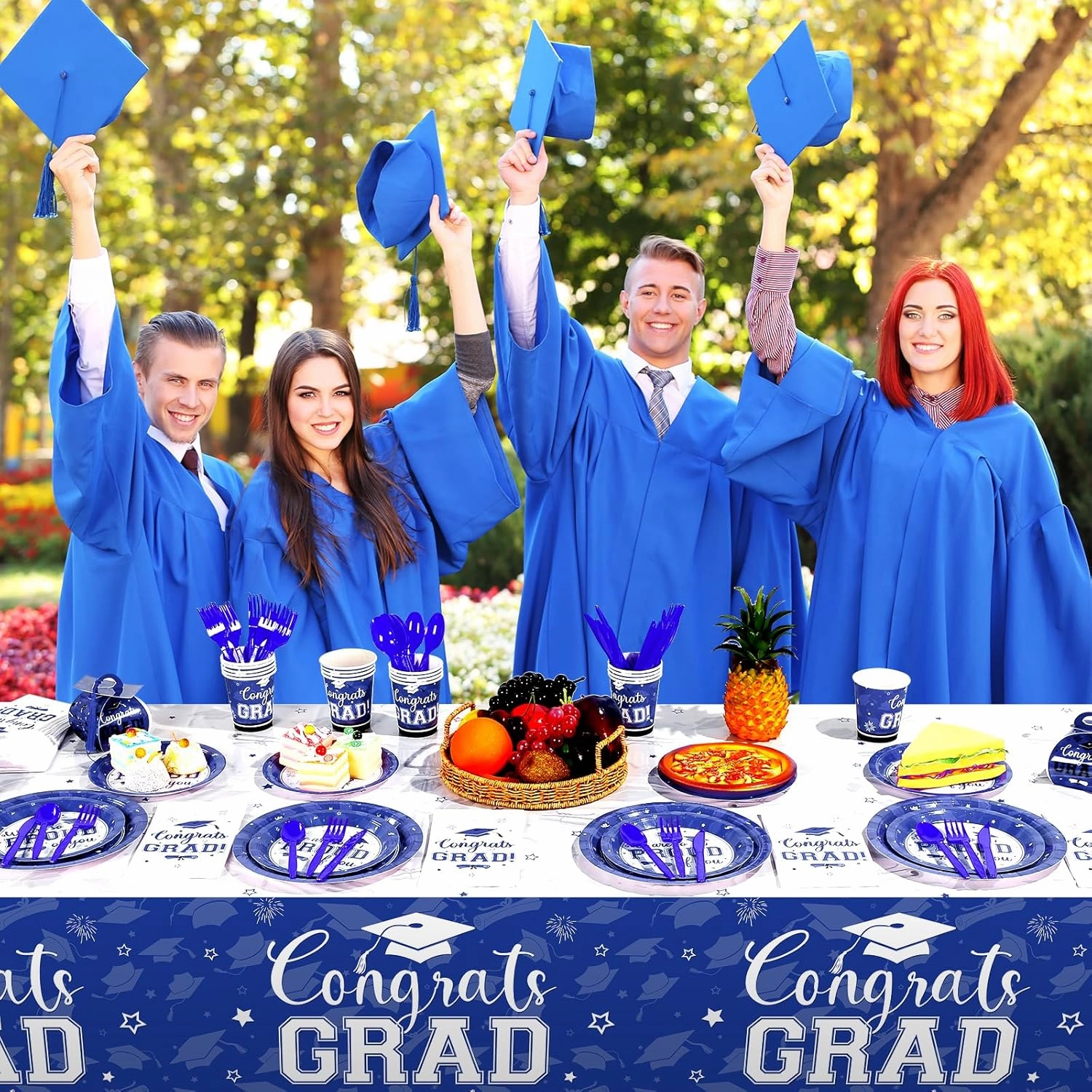 Graduation Party Supplies Congrats Grad Plates and Napkins Set Disposable Tableware Paper Plates Napkins Cups Knives Spoons Forks Straws for Class of 2025 Graduation Party Decorations Serve 100 (Blue)