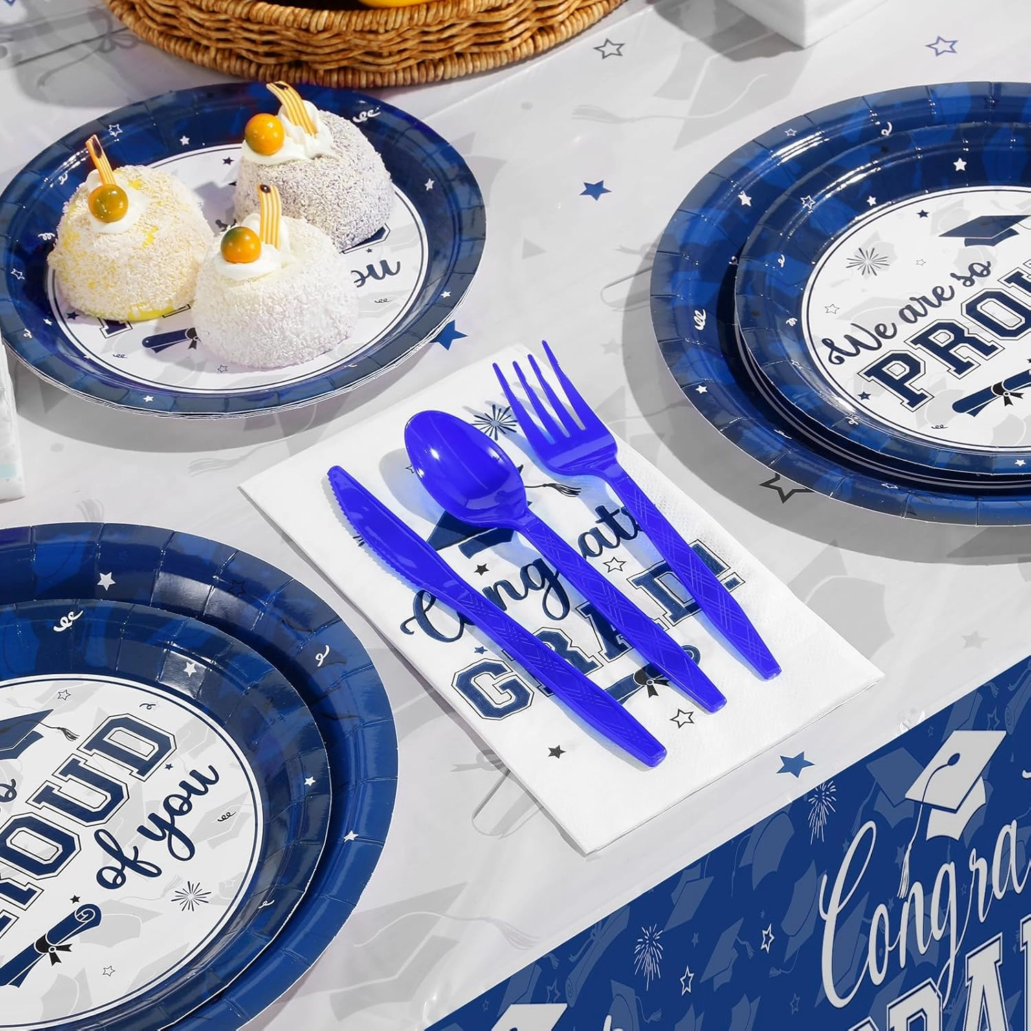 Graduation Party Supplies Congrats Grad Plates and Napkins Set Disposable Tableware Paper Plates Napkins Cups Knives Spoons Forks Straws for Class of 2025 Graduation Party Decorations Serve 100 (Blue)