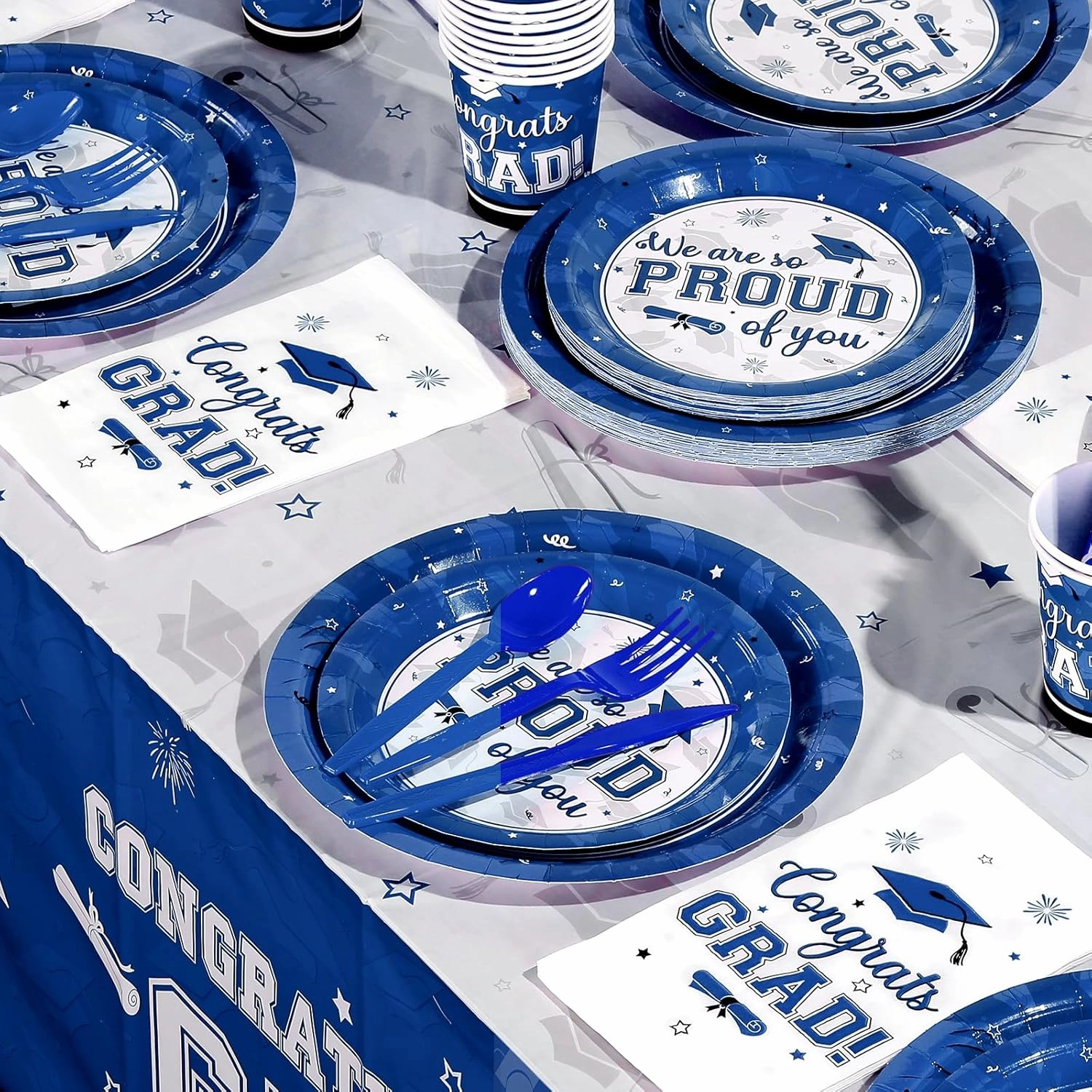 Graduation Party Supplies Congrats Grad Plates and Napkins Set Disposable Tableware Paper Plates Napkins Cups Knives Spoons Forks Straws for Class of 2025 Graduation Party Decorations Serve 100 (Blue)