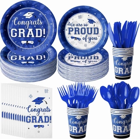 Graduation Party Supplies Congrats Grad Plates and Napkins Set Disposable Tableware Paper Plates Napkins Cups Knives Spoons Forks Straws for Class of 2025 Graduation Party Decorations Serve 100 (Blue)
