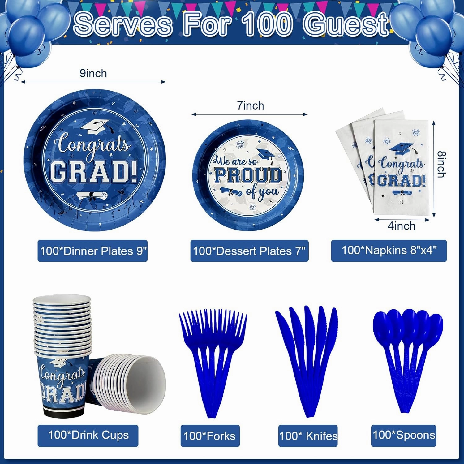 Graduation Party Supplies Congrats Grad Plates and Napkins Set Disposable Tableware Paper Plates Napkins Cups Knives Spoons Forks Straws for Class of 2025 Graduation Party Decorations Serve 100 (Blue)