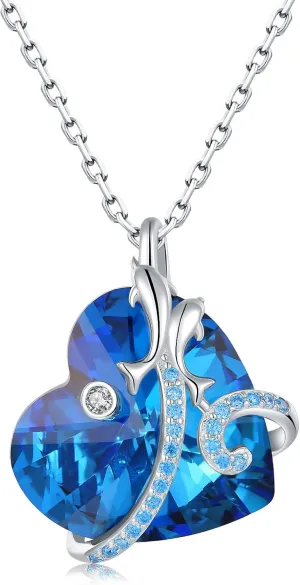 Heart Crystals Dolphins Necklaces for Women - 925 Sterling Silver Pendant Engraved I Love You Forever,White Gold Plated Necklace,Christmas Birthday Jewelry Gifts for Wife