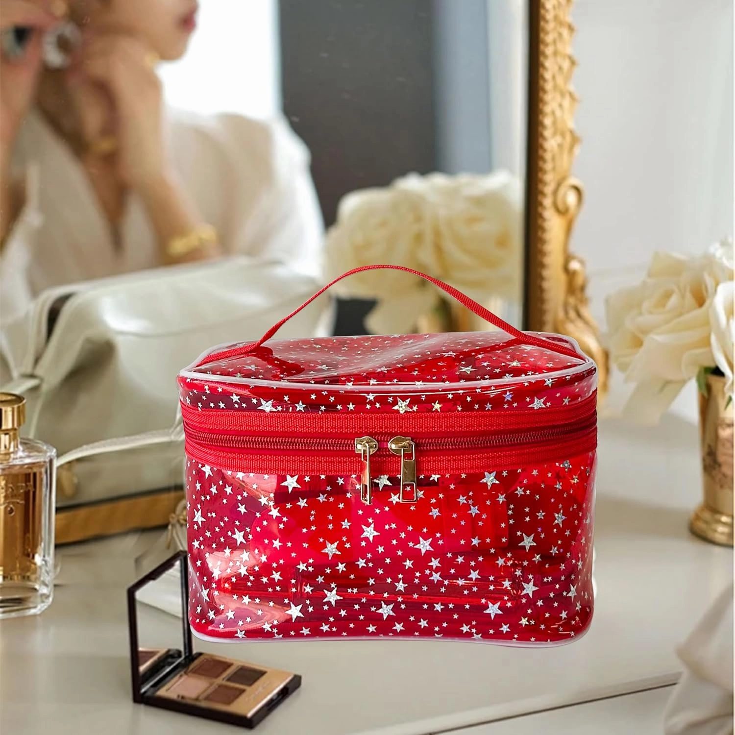 Holographic Makeup Bags Bulk,Clear Storage Bag Toiletry Pocket Portable Zippered Iridescent Pouch Waterproof Cosmetic Gift Bags for Women (Purple-L)