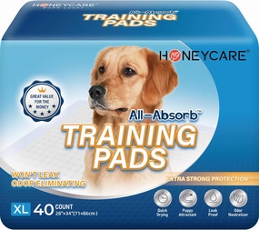 HONEY CARE All-Absorb, X-Large 28" x 34", 40 Count, Dog and Puppy Training Pads, Ultra Absorbent and Odor Eliminating, Leak-Proof 5-Layer Potty Training Pads with Quick-Dry Surface, Blue