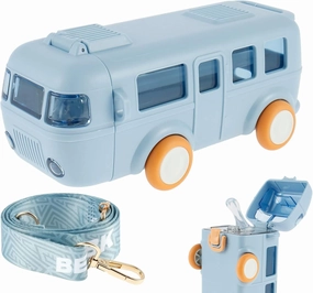 HOTBEST Car Straw Water Cup, 16oz Summer Cute Bus Water Bottle with Shoulder Strap, Leak-Proof Kids Small Square Drinking Cup Cute Cartoon Water Jug Toy Locking Flip Lid Water Kettle for Kids (Blue)