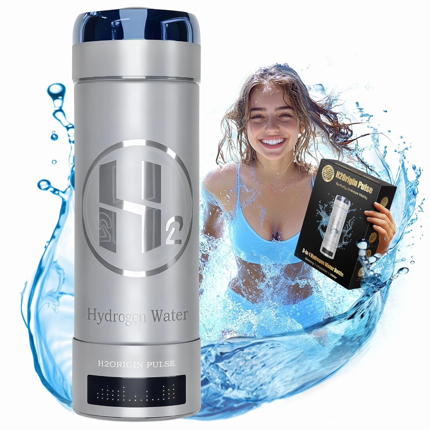 Hydrogen Water Bottle Generator, Up to 9000 PPB Hydrogen Bottle Water Ionizer with SPE/PEM Technology, 3-in-1 Portable Universal Adapter and Refreshing Mist Spray for Home Hydration