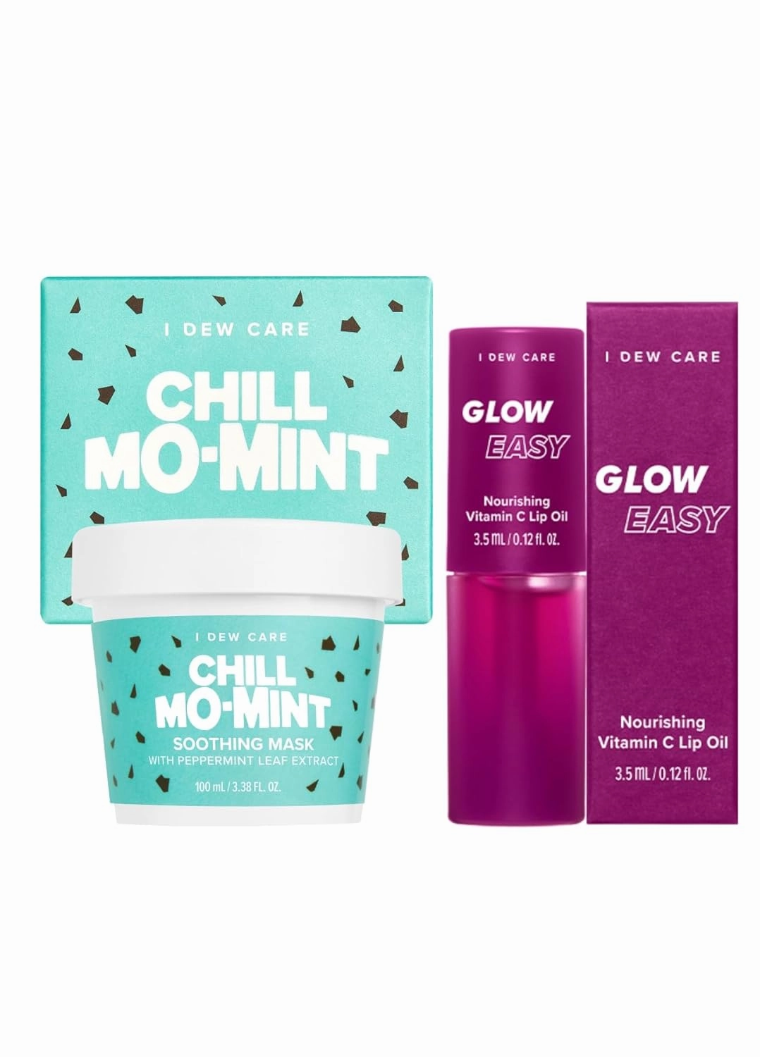 I DEW CARE Wash-Off Face Mask - Chill Mo Mint, 3.38 Oz   Lip Oil Gloss - Glow Easy, 0.12 Fl Oz Bundle