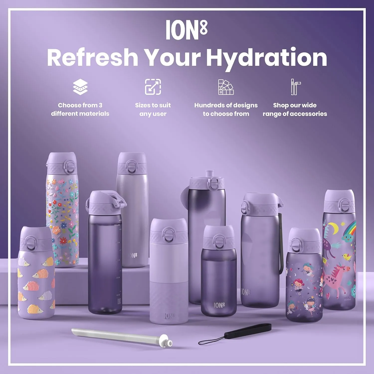 ION8 Insulated Steel Water Bottle, 320 ml/11 oz, Leak Proof, Easy to Open, Secure Lock, Dishwasher Safe, Carry Handle, Hygienic Flip Cover, Scratch Resistant, Durable Stainless Steel, Light Purple