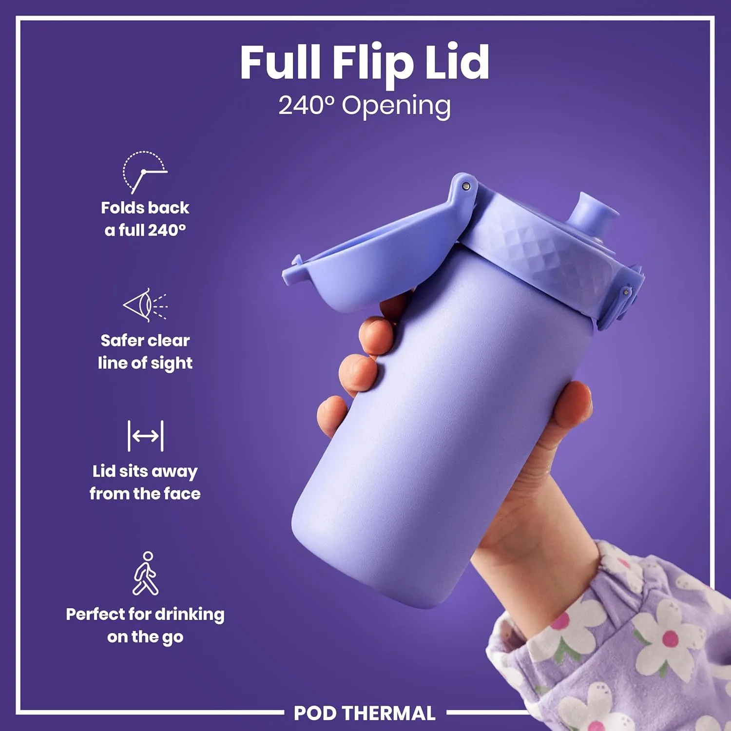ION8 Insulated Steel Water Bottle, 320 ml/11 oz, Leak Proof, Easy to Open, Secure Lock, Dishwasher Safe, Carry Handle, Hygienic Flip Cover, Scratch Resistant, Durable Stainless Steel, Light Purple