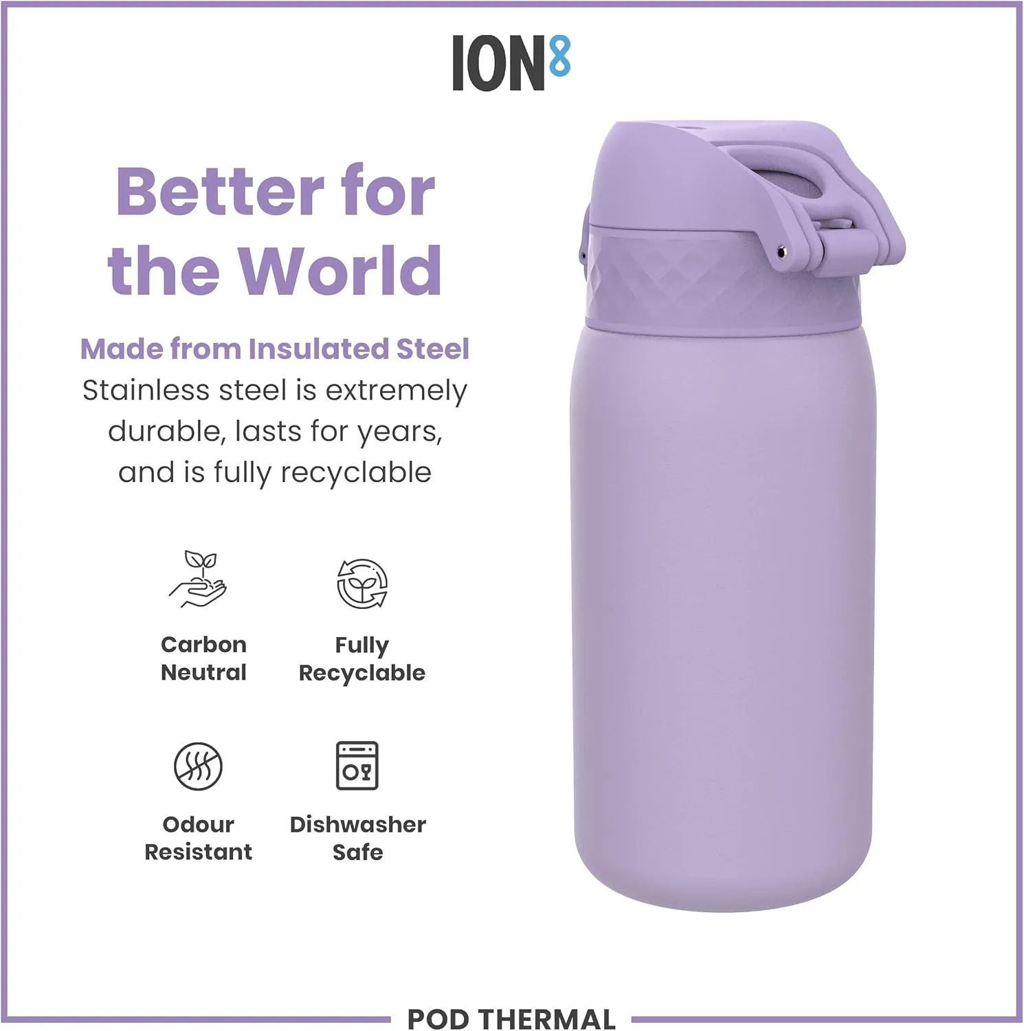 ION8 Insulated Steel Water Bottle, 320 ml/11 oz, Leak Proof, Easy to Open, Secure Lock, Dishwasher Safe, Carry Handle, Hygienic Flip Cover, Scratch Resistant, Durable Stainless Steel, Light Purple