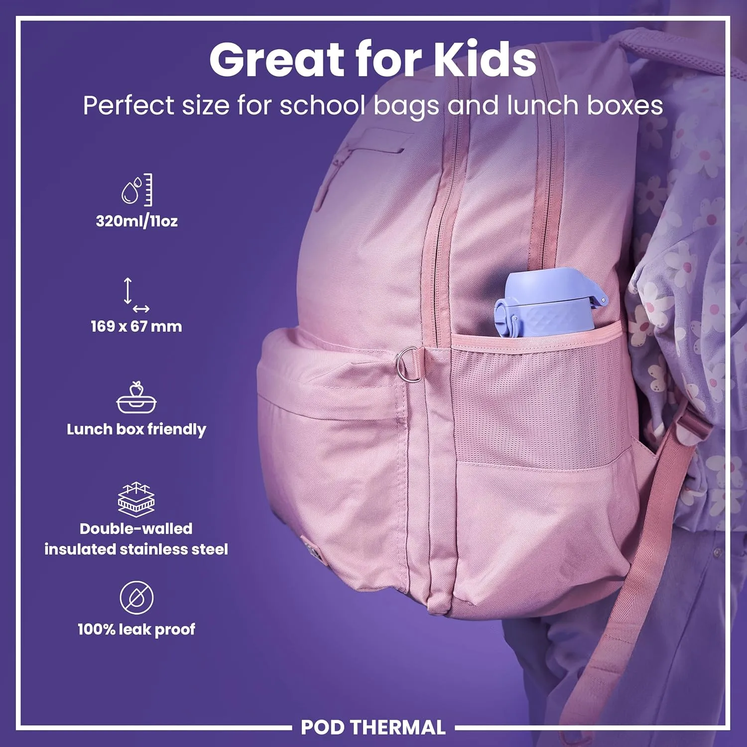 ION8 Insulated Steel Water Bottle, 320 ml/11 oz, Leak Proof, Easy to Open, Secure Lock, Dishwasher Safe, Carry Handle, Hygienic Flip Cover, Scratch Resistant, Durable Stainless Steel, Light Purple