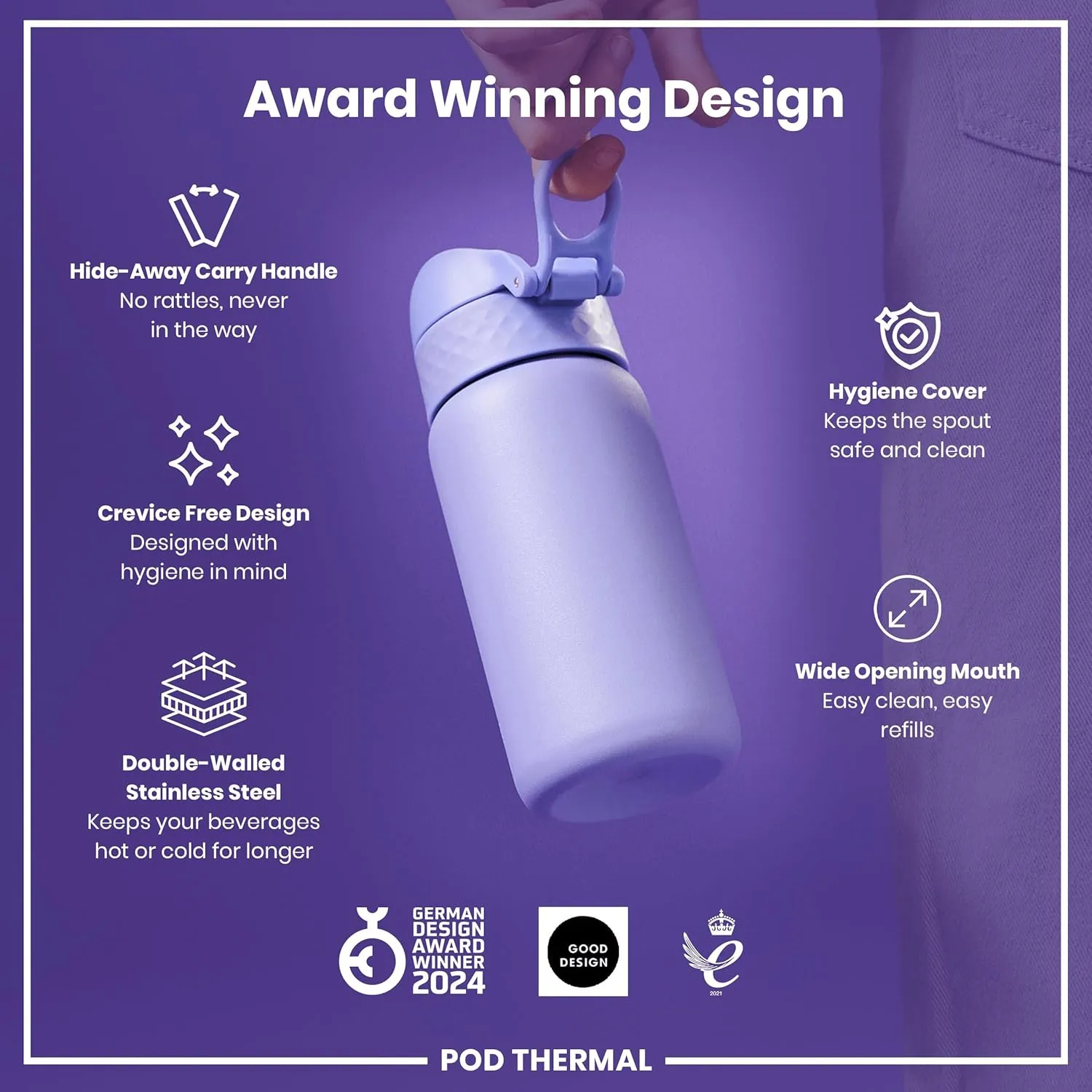 ION8 Insulated Steel Water Bottle, 320 ml/11 oz, Leak Proof, Easy to Open, Secure Lock, Dishwasher Safe, Carry Handle, Hygienic Flip Cover, Scratch Resistant, Durable Stainless Steel, Light Purple