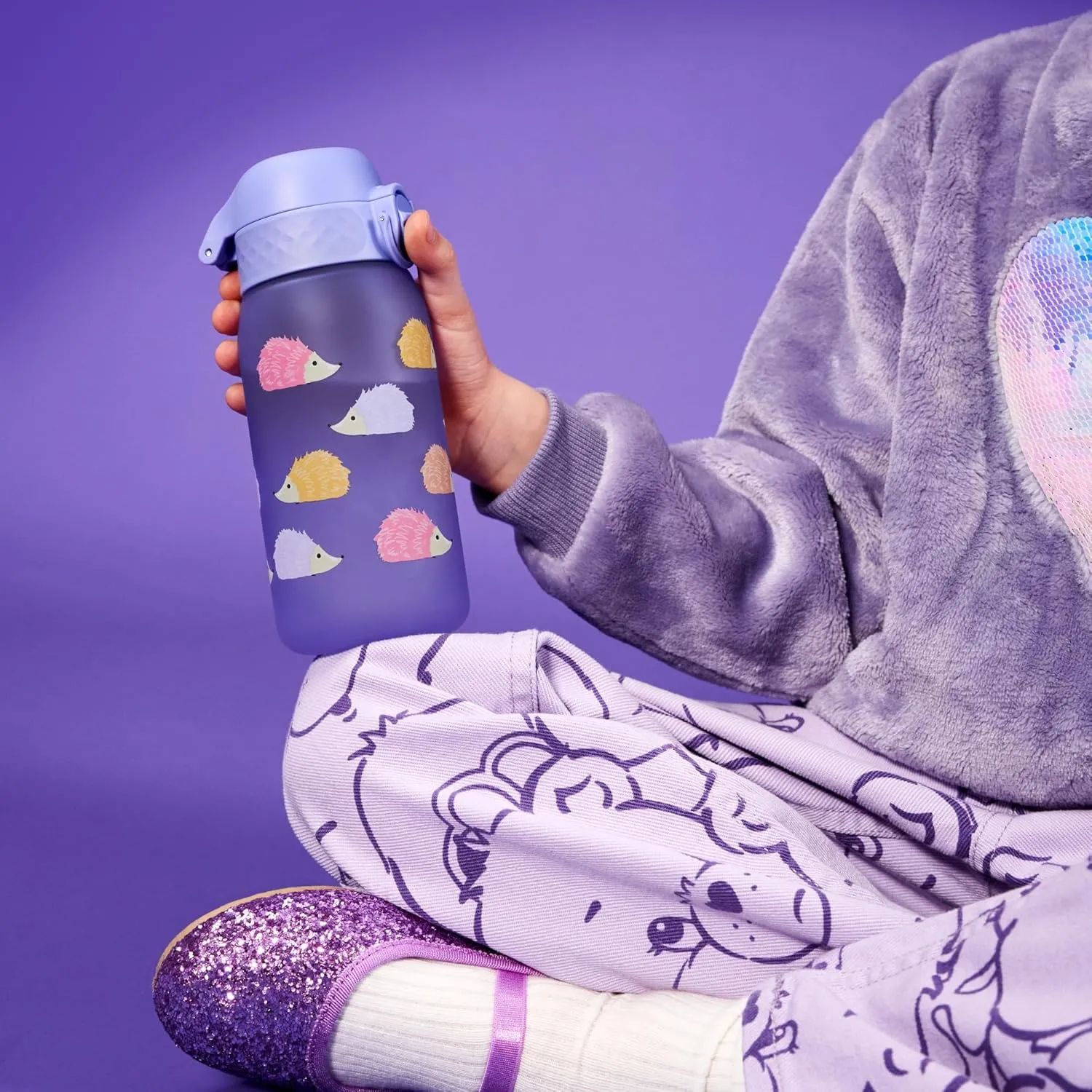 Ion8 Small Water Bottle, 350 ml/12 oz, Leak Proof, Easy to Open, Secure Lock, Dishwasher Safe, BPA Free, Carry Handle, Hygienic Flip Cover, Easy Clean, Odor Free, Carbon Neutral, Purple, Hedgehog