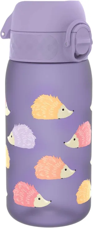 Ion8 Small Water Bottle, 350 ml/12 oz, Leak Proof, Easy to Open, Secure Lock, Dishwasher Safe, BPA Free, Carry Handle, Hygienic Flip Cover, Easy Clean, Odor Free, Carbon Neutral, Purple, Hedgehog