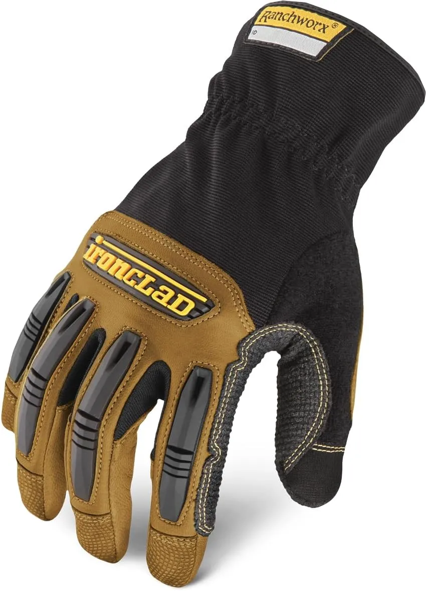 Ironclad Ranchworx Work Gloves RWG2, Premier Leather Work Glove, Performance Fit, Durable, Machine Washable, (1 Pair), RWG2-04-L,Brown/Black
