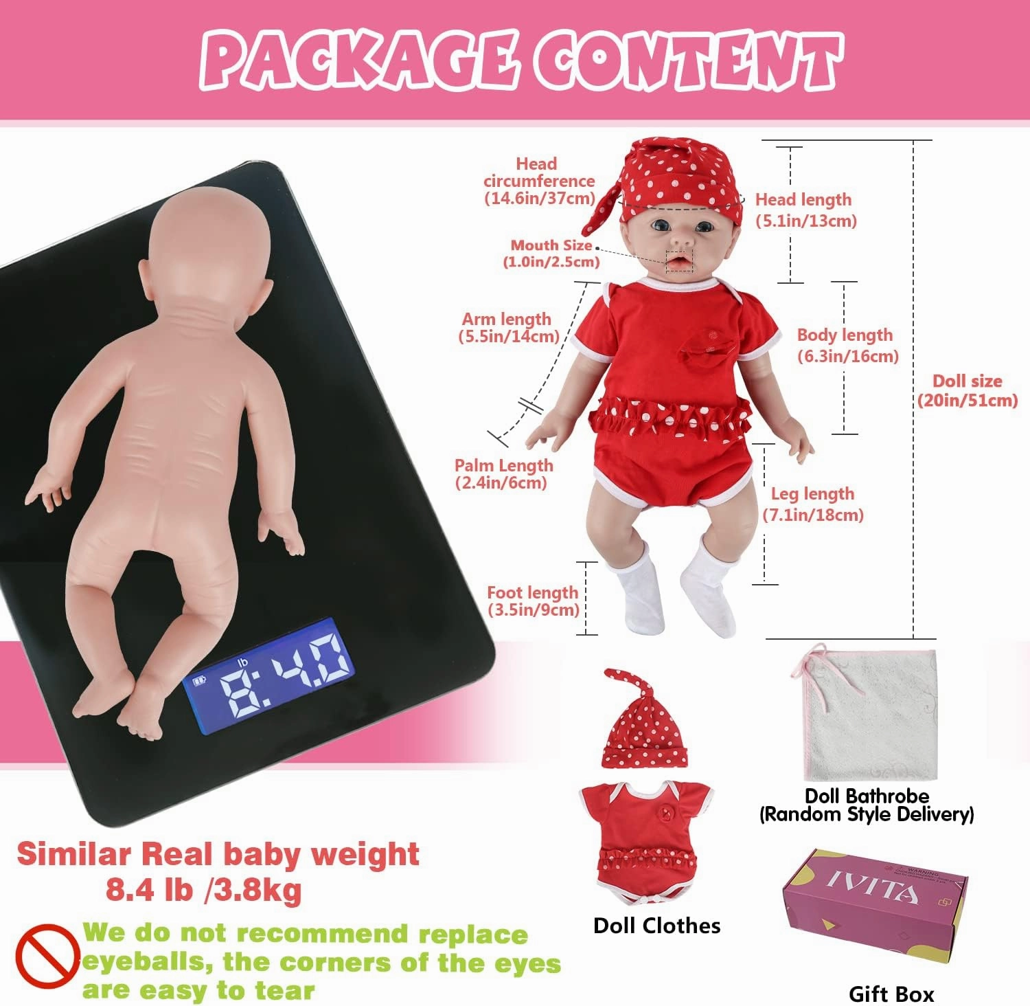 IVITA 20 inch Reborn Silicone Baby Dolls Girl Lifelike Real Newborn Real Life Babies for Kids Ages 3  Best Birthday Present Stress-Relief Toy