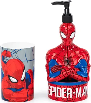 Jay Franco Marvel Spiderman 2 Piece Set - Red & Blue Soap Dispenser & Tumbler Set - Kids Resin Superhero Bathroom Accessories