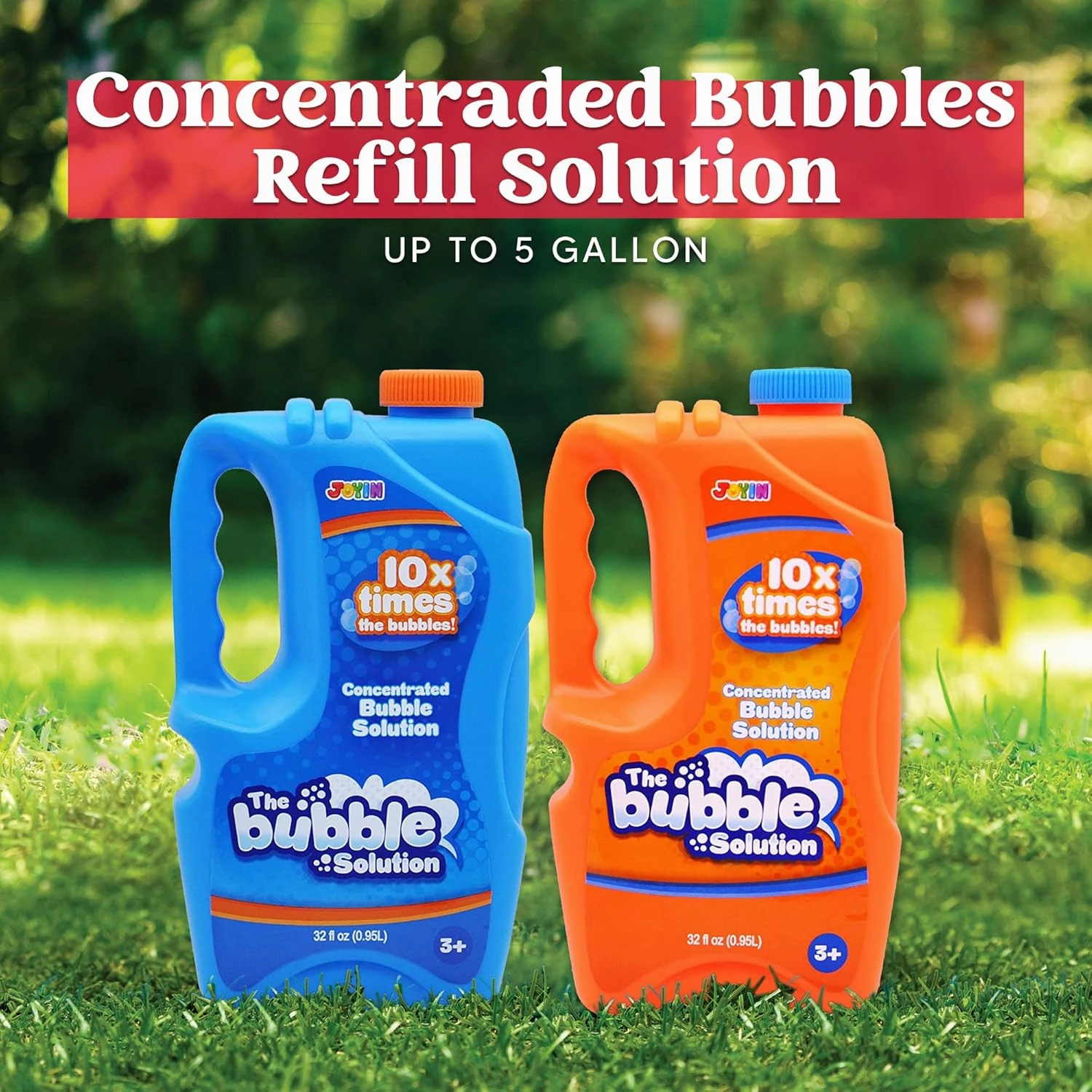 JOYIN 2 Bottles Bubbles Refill Solutions 64 oz (up to 5 Gallon), Concentrated Solution for Bubble Machine, Gun, Wand Refill Fluid Summer, Easter Toys(Orange Blue)