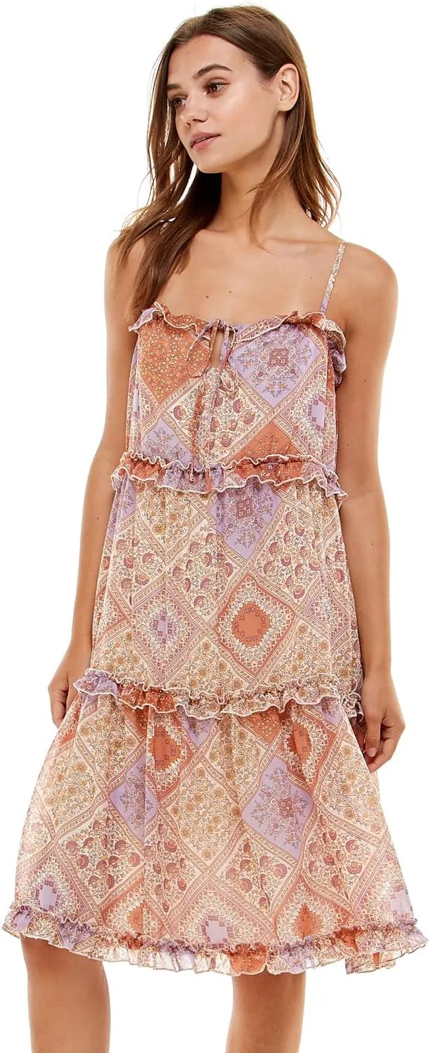 june & hudson Tiered Midi Dress with Ruffles, Paisley Print, Spaghetti Straps, Coral and Lavender, Knee Length