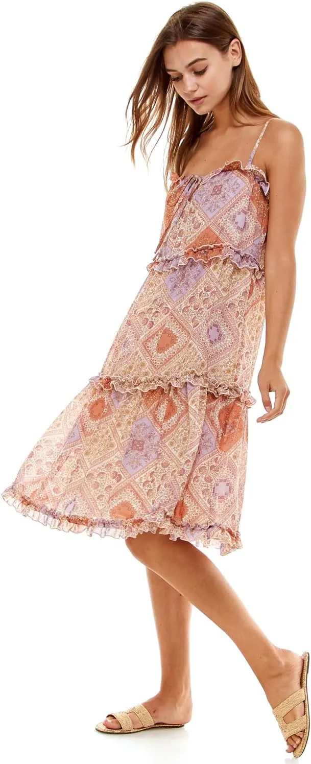 june & hudson Tiered Midi Dress with Ruffles, Paisley Print, Spaghetti Straps, Coral and Lavender, Knee Length