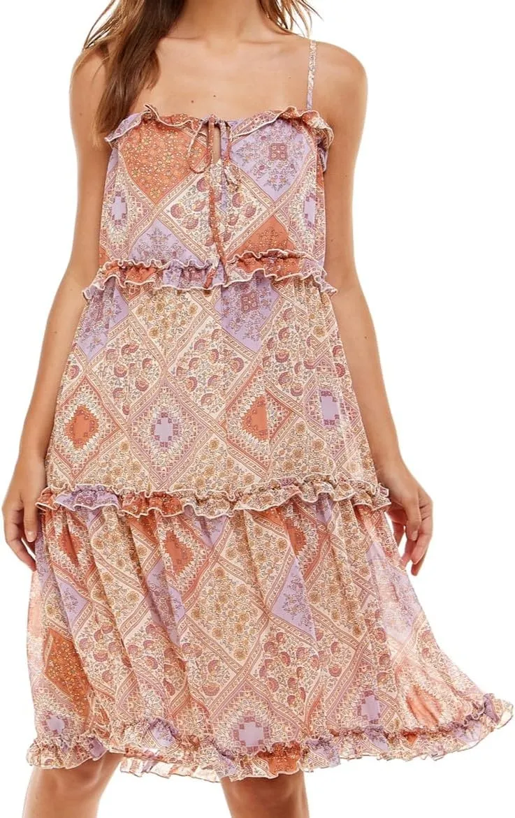 june & hudson Tiered Midi Dress with Ruffles, Paisley Print, Spaghetti Straps, Coral and Lavender, Knee Length