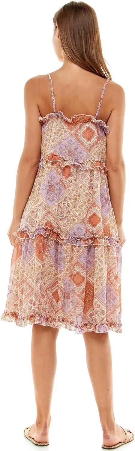 june & hudson Tiered Midi Dress with Ruffles, Paisley Print, Spaghetti Straps, Coral and Lavender, Knee Length
