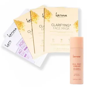 Karuna Age-Defying & Clarifying  Sheet Mask (5-Pack)   All Day Cream (50 mL) Hydrating & Targeted Skincare Duo for Radiant, Balanced Skin
