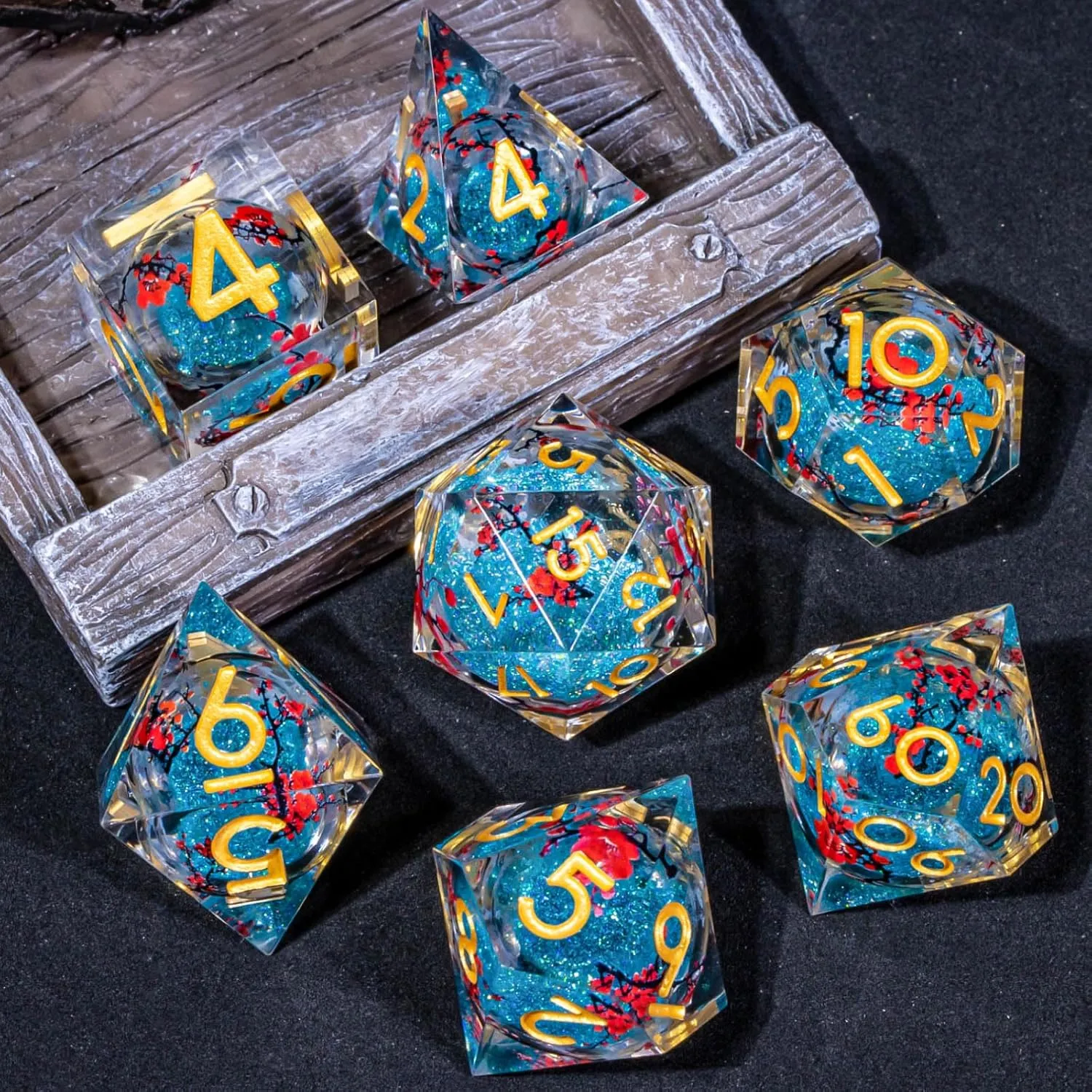 KERWELLSI Liquid Core Flower DND Dice Set with Box, 7Pcs Resin Plum Blossom Resin Sharp Edge Polyhedral Dice, Blue Role Playing Dice D20 D12 D10 D8 D6 D4