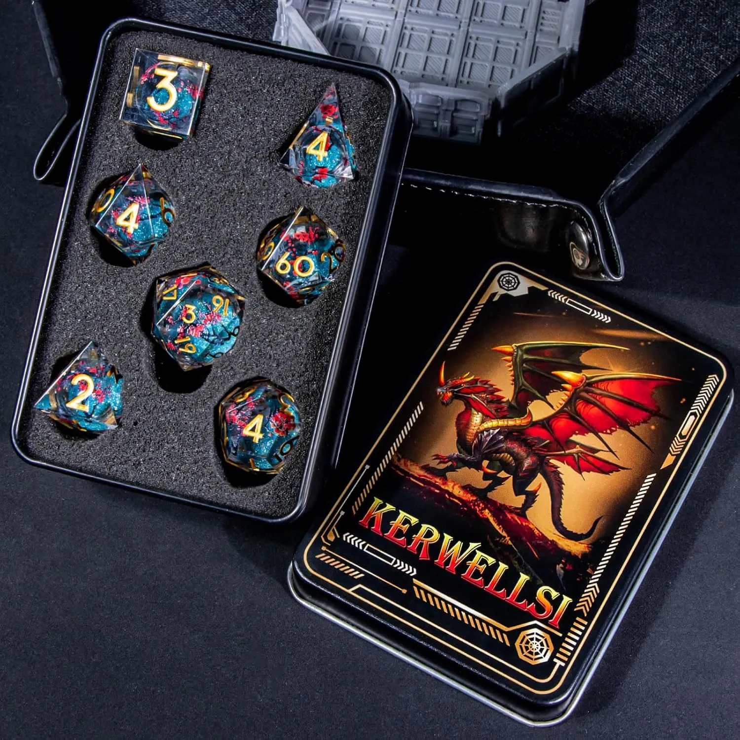 KERWELLSI Liquid Core Flower DND Dice Set with Box, 7Pcs Resin Plum Blossom Resin Sharp Edge Polyhedral Dice, Blue Role Playing Dice D20 D12 D10 D8 D6 D4