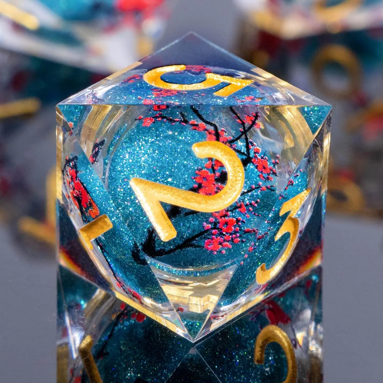 KERWELLSI Liquid Core Flower DND Dice Set with Box, 7Pcs Resin Plum Blossom Resin Sharp Edge Polyhedral Dice, Blue Role Playing Dice D20 D12 D10 D8 D6 D4