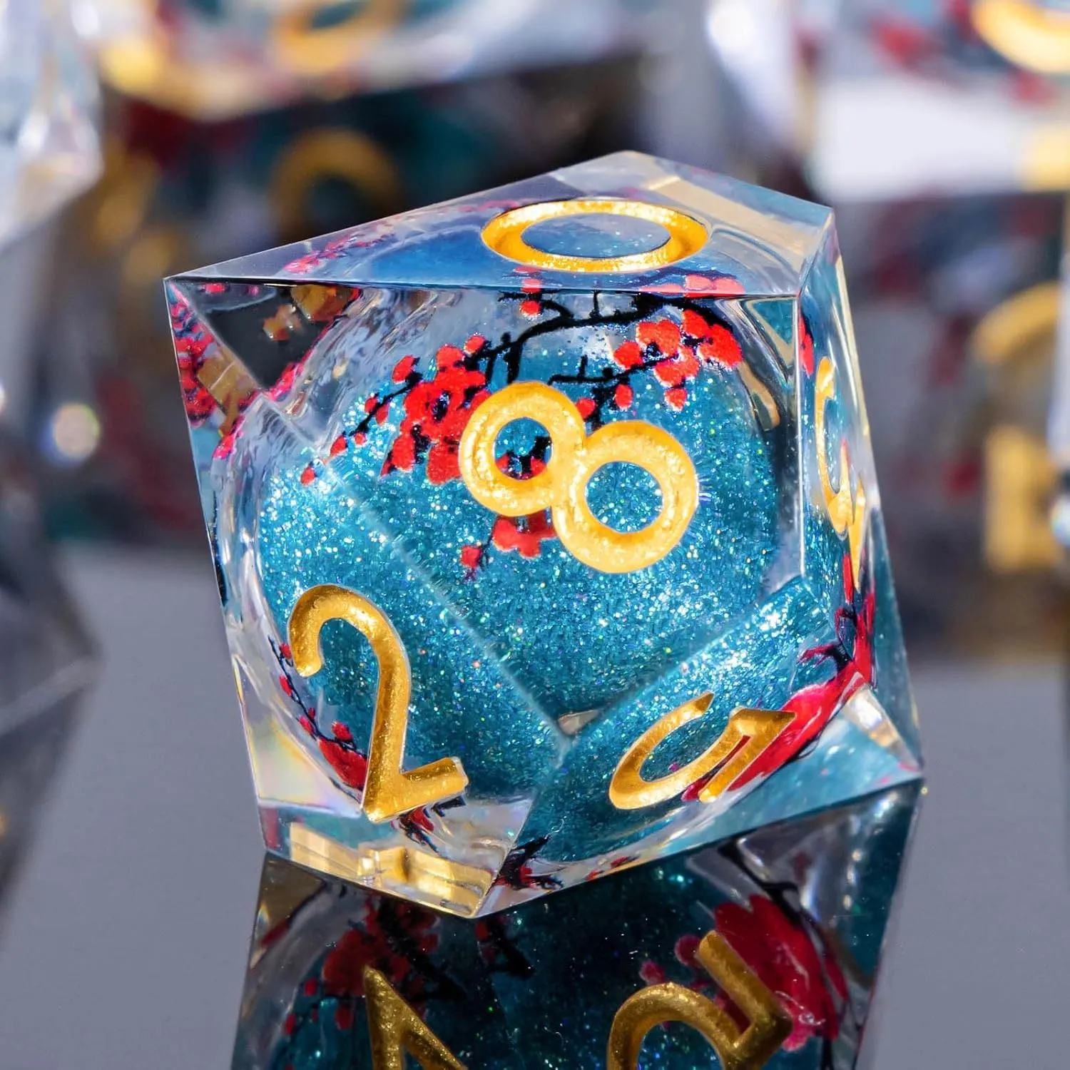 KERWELLSI Liquid Core Flower DND Dice Set with Box, 7Pcs Resin Plum Blossom Resin Sharp Edge Polyhedral Dice, Blue Role Playing Dice D20 D12 D10 D8 D6 D4